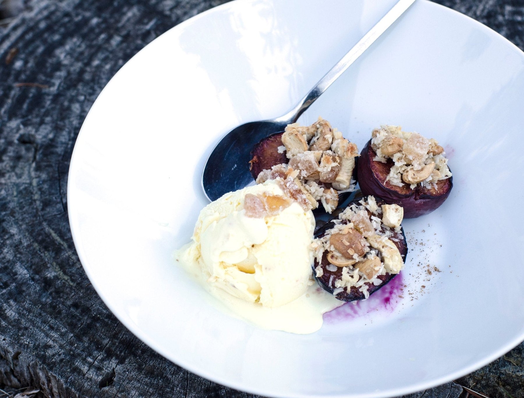 Five Spice Mini Plum Crumbles with ice cream in a bowl - organicfair.com