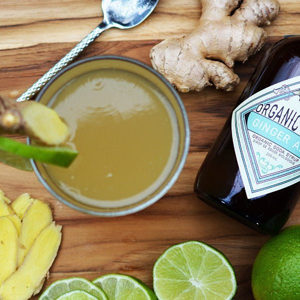 ginger ale drink and syrup on cutting board with fresh ginger and lime - organicfair.com