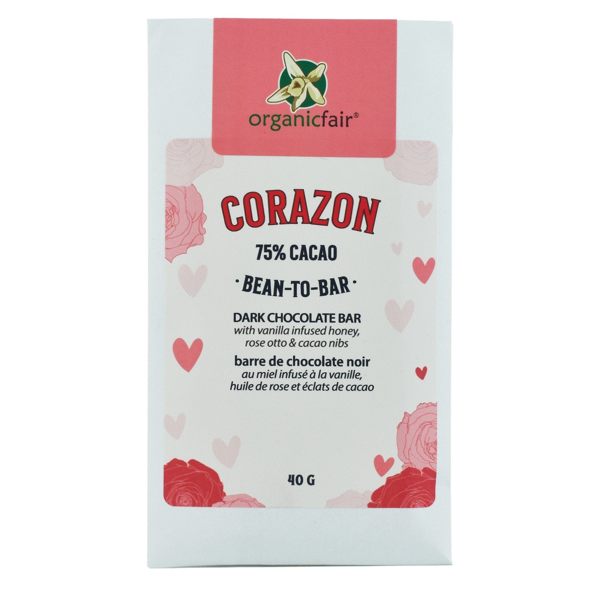 Corazon Dark Chocolate Bar with vanilla infused honey, cacao nibs and rose otto from organicfair.