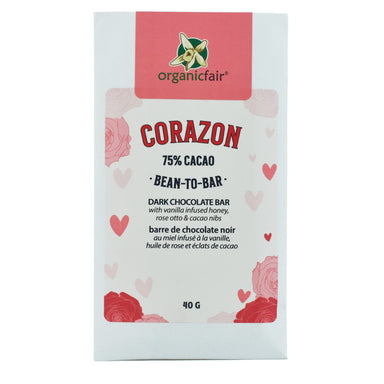 Corazon Dark Chocolate Bar with vanilla infused honey, cacao nibs and rose otto from organicfair.