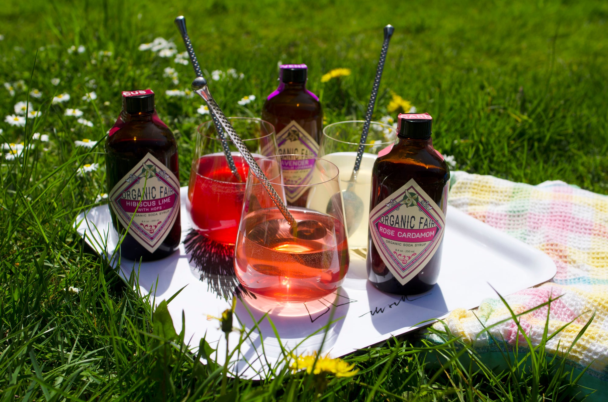 organic fair soda syrups on blanket