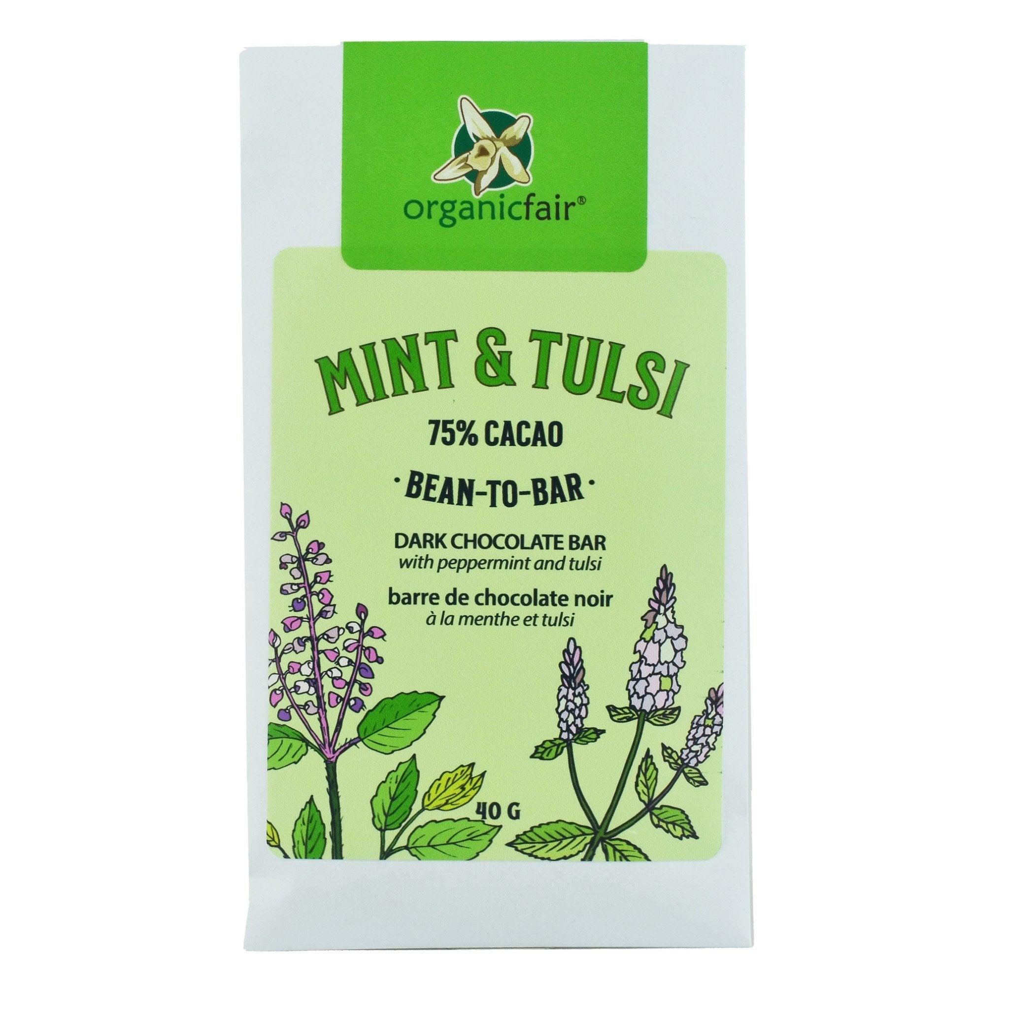 Mint & Tulsi Dark Chocolate Bar with peppermint and tulsi from organicfair.