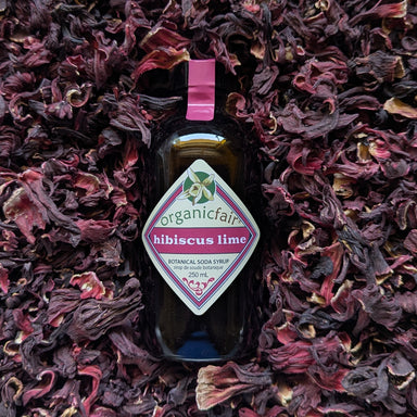 A bottle of Organic Fair Hibiscus Lime Botanical Soda Syrup placed in the center of a dense bed of dried hibiscus flowers. The bottle is dark glass with a pink cap and a white diamond-shaped label featuring green and pink text.
