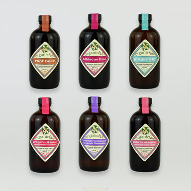 organicfair Botanical Soda Syrup Set with six 250mL amber glass bottles in assorted flavors