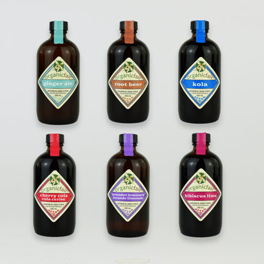 organicfair Classic Soda Syrup Set with six 250mL amber glass bottles in assorted flavors