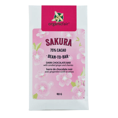 Sakura Dark Chocolate Bar with candied ginger and cherries from organicfair